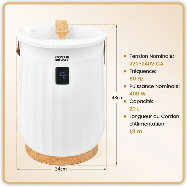 Chauffe-serviettes de Luxe de 20 L Seau Chauffant de Serviettes Spa Minuterie 15-60 min Arrêt Automatique 34x34x48cm Enfants Blanc