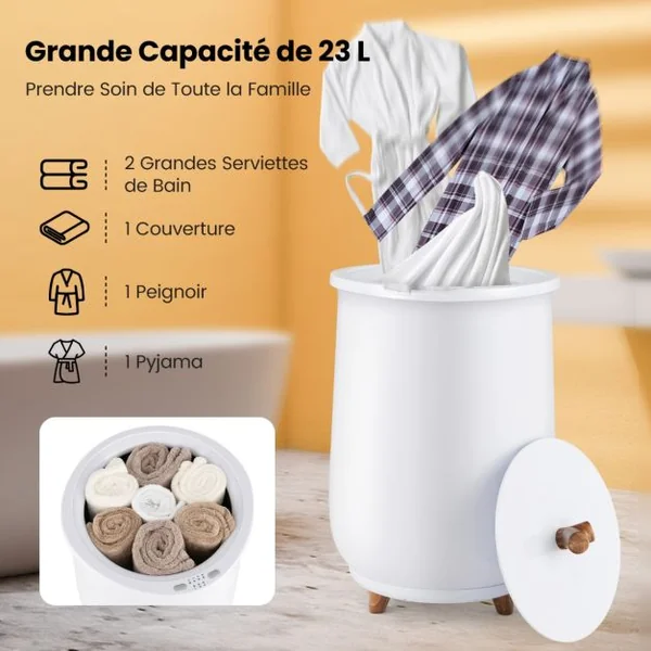 Chauffe-Serviettes de Luxe de 23 L à 3 Niveaux 60℃-80℃ Seau Chauffant de Serviettes Spa Minuterie 20-90 Min Arrêt Automatique Blanc