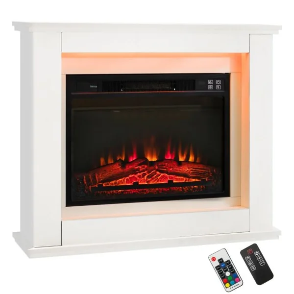 Cheminée Electrique Décorative 2000W Effet de Flammes LED Réglable sur 4 Niveaux Thermostat Télécommande Minuterie 6 H Blanc 15 m²