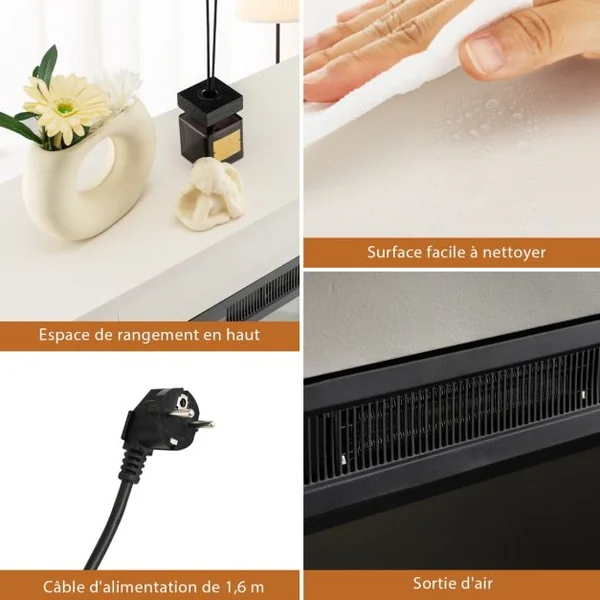 Cheminée Electrique Décorative 2000W Effet de Flammes LED Réglable sur 4 Niveaux Thermostat Télécommande Minuterie 6 H Blanc 15 m²