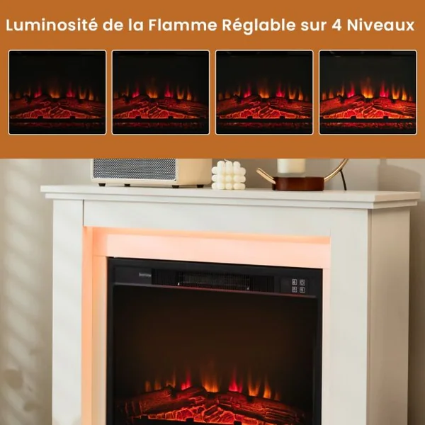 Cheminée Electrique Décorative 2000W Effet de Flammes LED Réglable sur 4 Niveaux Thermostat Télécommande Minuterie 6 H Blanc 15 m²