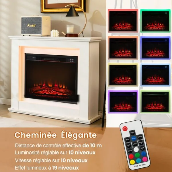 Cheminée Electrique Décorative 2000W Effet de Flammes LED Réglable sur 4 Niveaux Thermostat Télécommande Minuterie 6 H Blanc 15 m²