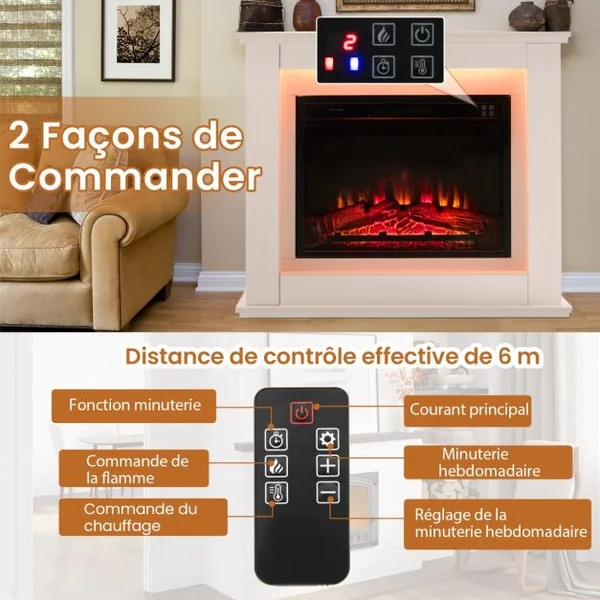 Cheminée Electrique Décorative 2000W Effet de Flammes LED Réglable sur 4 Niveaux Thermostat Télécommande Minuterie 6 H Blanc 15 m²
