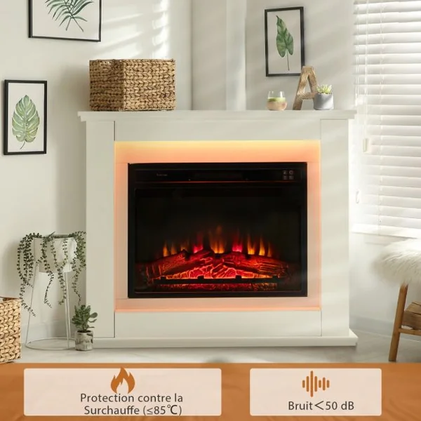 Cheminée Electrique Décorative 2000W Effet de Flammes LED Réglable sur 4 Niveaux Thermostat Télécommande Minuterie 6 H Blanc 15 m²