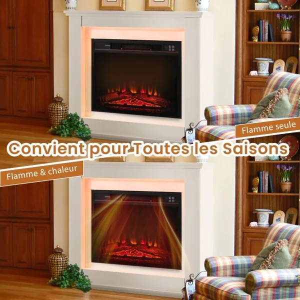 Cheminée Electrique Décorative 2000W Effet de Flammes LED Réglable sur 4 Niveaux Thermostat Télécommande Minuterie 6 H Blanc 15 m²
