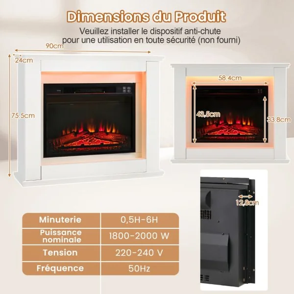 Cheminée Electrique Décorative 2000W Effet de Flammes LED Réglable sur 4 Niveaux Thermostat Télécommande Minuterie 6 H Blanc 15 m²