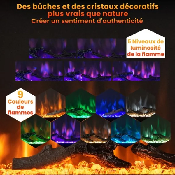Cheminée Électrique Murale avec 9 Couleurs de Flamme 750W/1500W