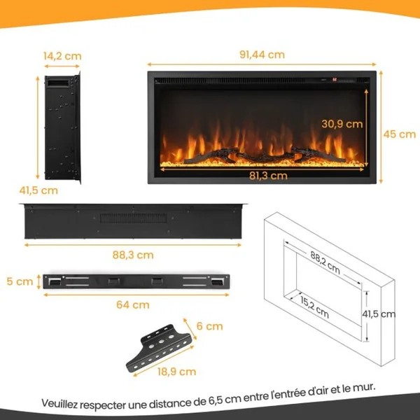 Cheminée Électrique Murale avec 9 Couleurs de Flamme 750W/1500W