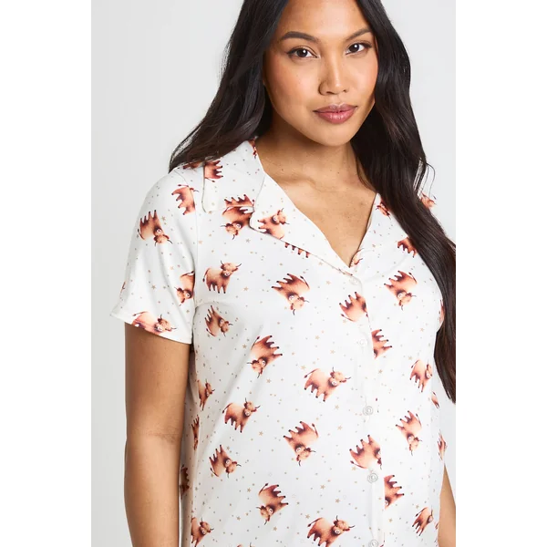 Chemise De Nuit De Maternité À Col Avec Boutons Et Imprimé Vache Highland