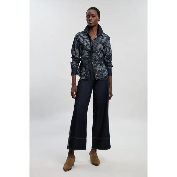 Chemise En Denim Jacquard Avec Col Et Poignets Contrastés
