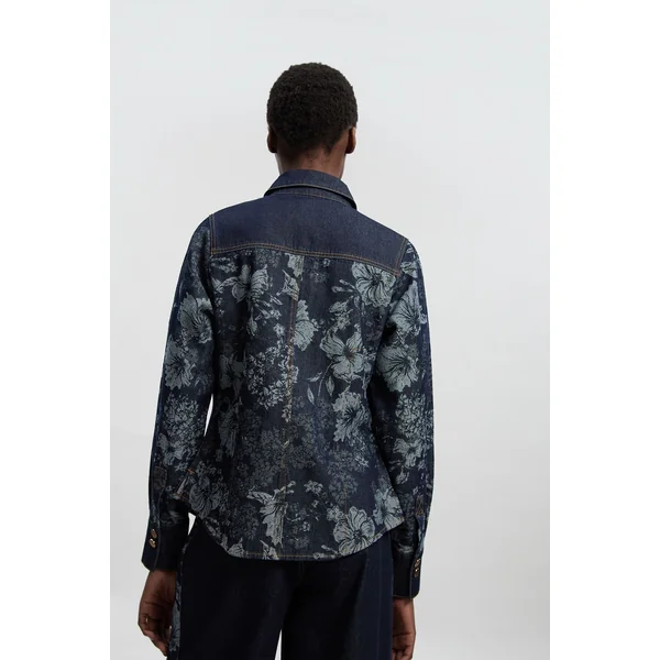 Chemise En Denim Jacquard Avec Col Et Poignets Contrastés