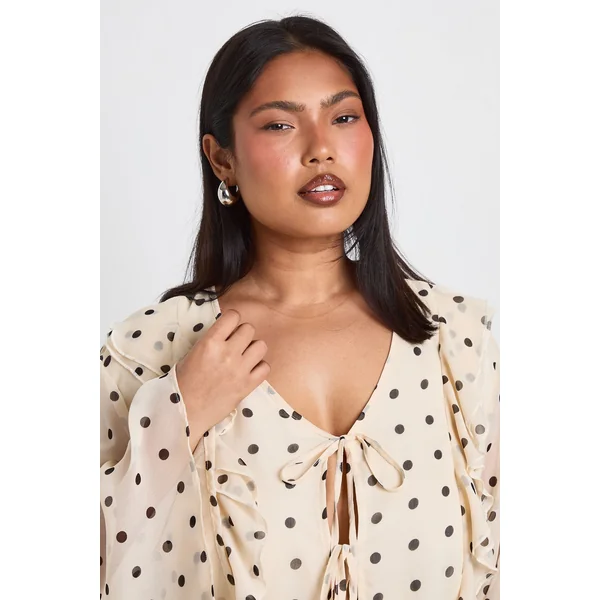 Chemisier Grande Taille En Mousseline À Pois Avec Volants Et Nœud Devant