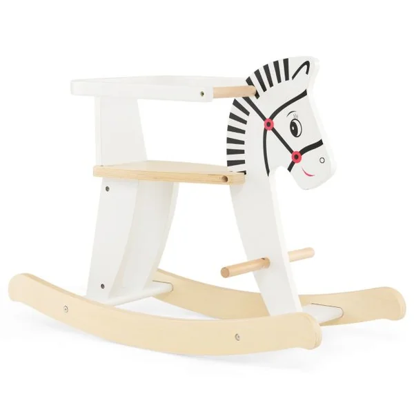 Cheval à Bascule en Bois en Forme Zèbre avec Garde-corps Amovible Jouet à Bascule Poignée & Repose-pied Fonction DIY Charge 40kg pour 3 Ans+ Blanc