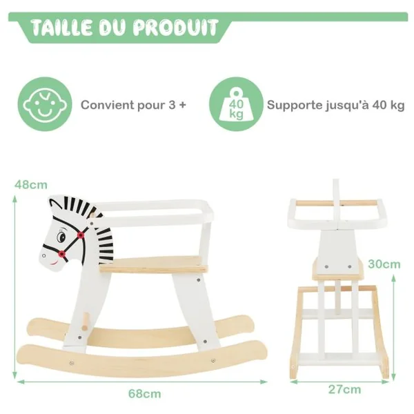 Cheval à Bascule en Bois en Forme Zèbre avec Garde-corps Amovible Jouet à Bascule Poignée & Repose-pied Fonction DIY Charge 40kg pour 3 Ans+ Blanc