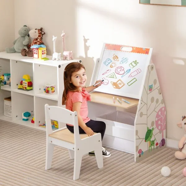 Chevalet Artistique Double Face pour Enfants & Station de Jeu Ensemble Table et Chaise avec Tableau/Blanc Bac en Tissu & Étagère à Livres Blanc/Gris