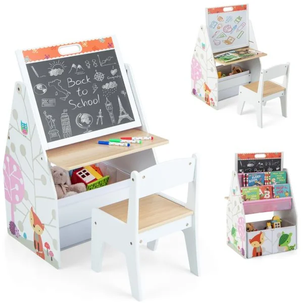 Chevalet Artistique Double Face pour Enfants & Station de Jeu Ensemble Table et Chaise avec Tableau/Blanc Bac en Tissu & Étagère à Livres Blanc/Gris