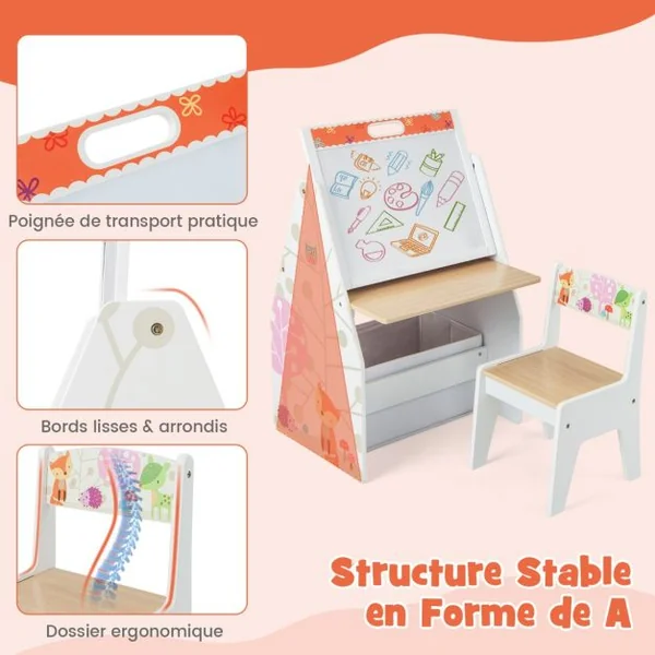 Chevalet Artistique Double Face pour Enfants & Station de Jeu Ensemble Table et Chaise avec Tableau/Blanc Bac en Tissu & Étagère à Livres Blanc/Gris