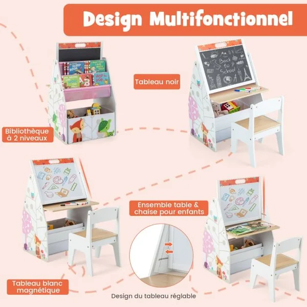 Chevalet Artistique Double Face pour Enfants & Station de Jeu Ensemble Table et Chaise avec Tableau/Blanc Bac en Tissu & Étagère à Livres Blanc/Gris