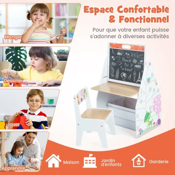 Chevalet Artistique Double Face pour Enfants & Station de Jeu Ensemble Table et Chaise avec Tableau/Blanc Bac en Tissu & Étagère à Livres Blanc/Gris