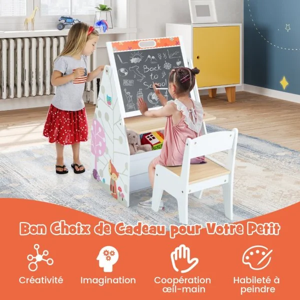 Chevalet Artistique Double Face pour Enfants & Station de Jeu Ensemble Table et Chaise avec Tableau/Blanc Bac en Tissu & Étagère à Livres Blanc/Gris