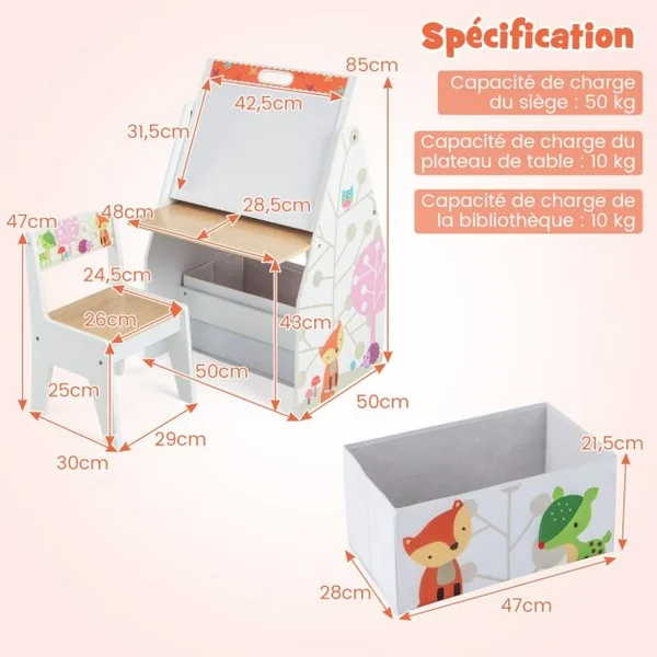 Chevalet Artistique Double Face pour Enfants & Station de Jeu Ensemble Table et Chaise avec Tableau/Blanc Bac en Tissu & Étagère à Livres Blanc/Gris