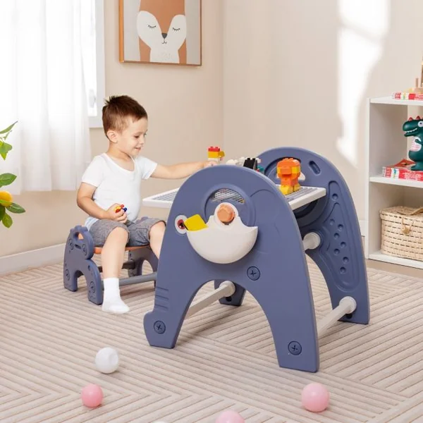 Chevalet d'Art et Tabouret pour Enfants Table d'Activités Convertible Planche à Dessin Magnétique et Table de Blocs de Construction