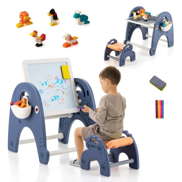 Chevalet d'Art et Tabouret pour Enfants Table d'Activités Convertible Planche à Dessin Magnétique et Table de Blocs de Construction