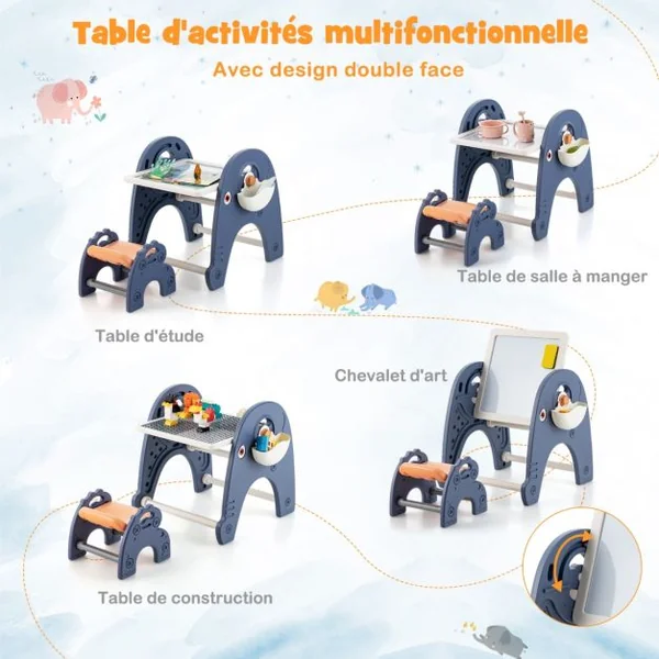 Chevalet d'Art et Tabouret pour Enfants Table d'Activités Convertible Planche à Dessin Magnétique et Table de Blocs de Construction