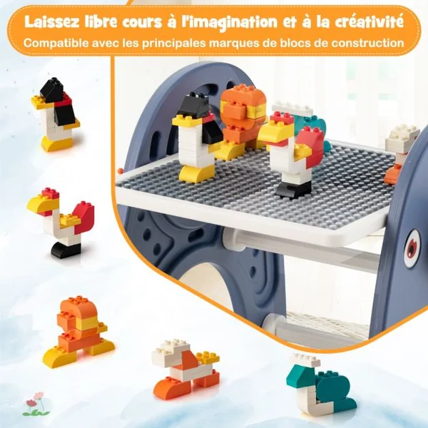 Chevalet d'Art et Tabouret pour Enfants Table d'Activités Convertible Planche à Dessin Magnétique et Table de Blocs de Construction