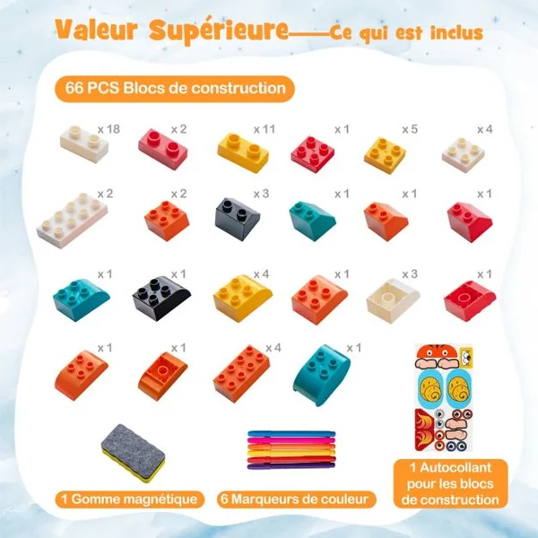 Chevalet d'Art et Tabouret pour Enfants Table d'Activités Convertible Planche à Dessin Magnétique et Table de Blocs de Construction