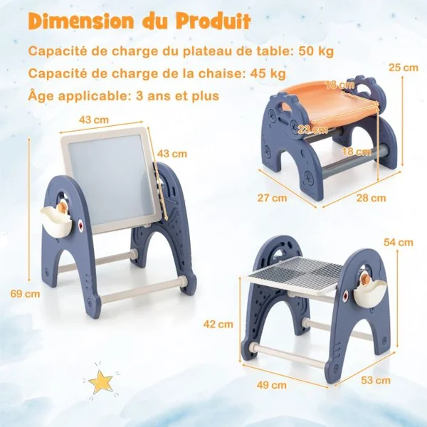 Chevalet d'Art et Tabouret pour Enfants Table d'Activités Convertible Planche à Dessin Magnétique et Table de Blocs de Construction
