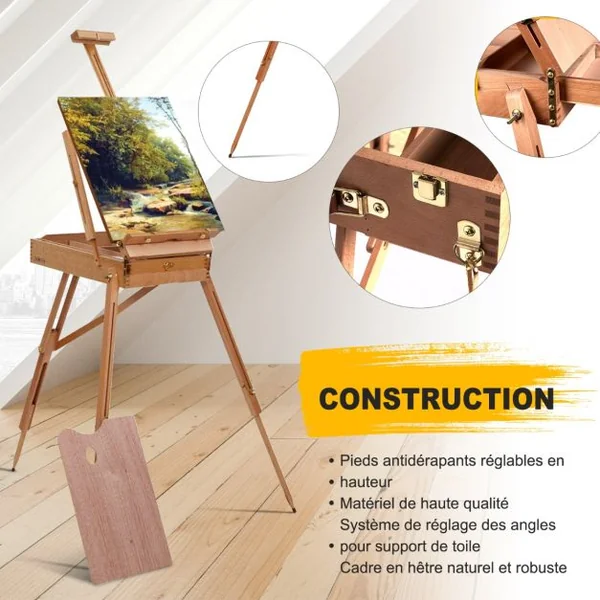 Chevalet Réglable Trépied avec Tiroir Chevalet Professionnel Multifonction pour Peindre Dessiner en Bois de Hêtre Hauteur Réglable 71 x 114 x 180 cm