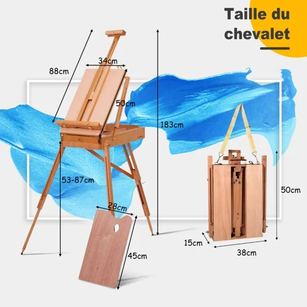 Chevalet Réglable Trépied avec Tiroir Chevalet Professionnel Multifonction pour Peindre Dessiner en Bois de Hêtre Hauteur Réglable 71 x 114 x 180 cm