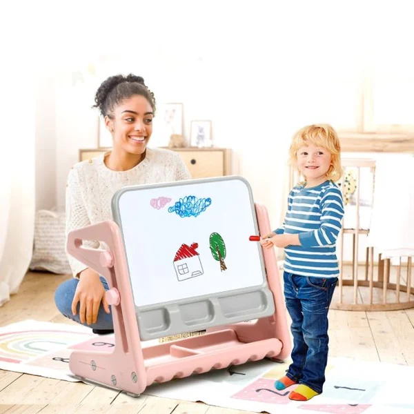 Chevalet à Dessin pour Enfant avec Tableau Magnétique Inclinable Réglable Blanc Rose