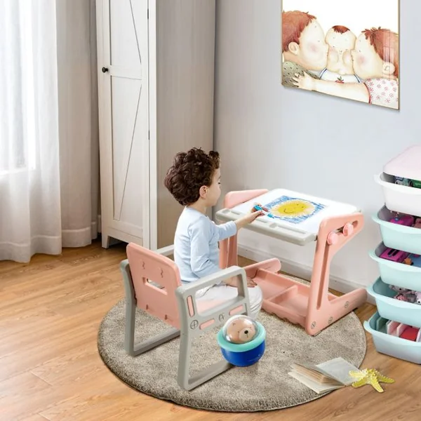 Chevalet à Dessin pour Enfant avec Tableau Magnétique Inclinable Réglable Blanc Rose