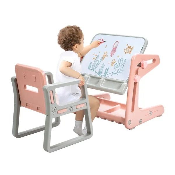 Chevalet à Dessin pour Enfant avec Tableau Magnétique Inclinable Réglable Blanc Rose