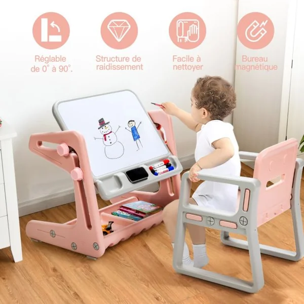 Chevalet à Dessin pour Enfant avec Tableau Magnétique Inclinable Réglable Blanc Rose