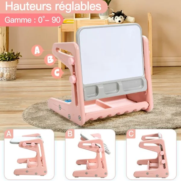 Chevalet à Dessin pour Enfant avec Tableau Magnétique Inclinable Réglable Blanc Rose