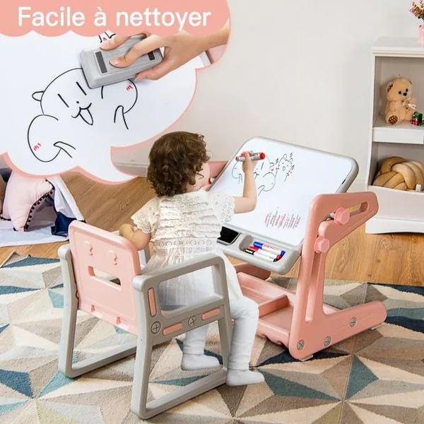 Chevalet à Dessin pour Enfant avec Tableau Magnétique Inclinable Réglable Blanc Rose