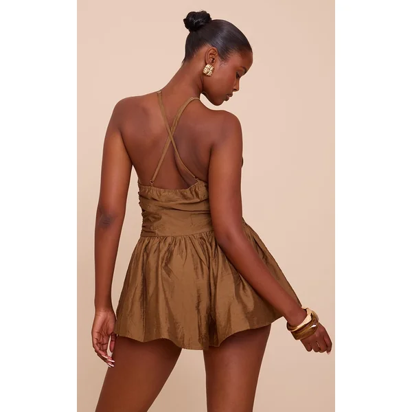 Chocolat Combinaison Courte À Encolure Américaine Tissée À Motif Floral