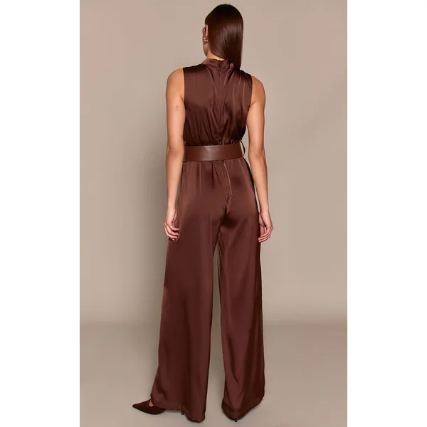 Chocolat Combinaison Pantalon Large En Satin Col Montant Avec Ceinture
