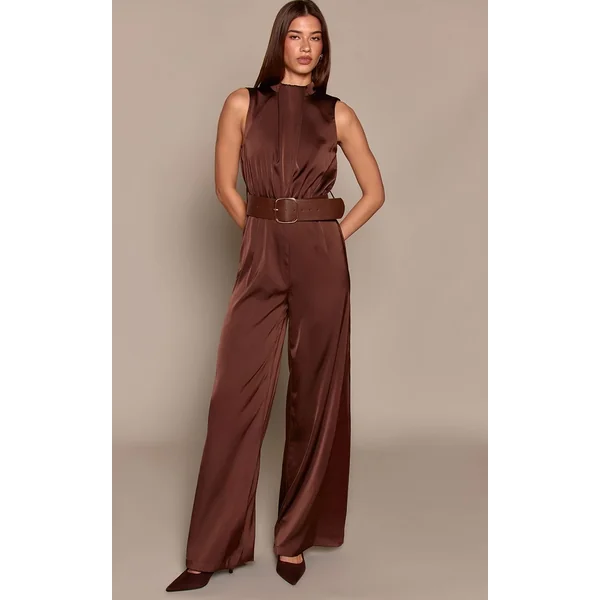 Chocolat Combinaison Pantalon Large En Satin Col Montant Avec Ceinture