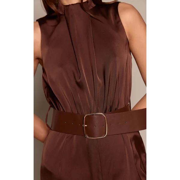 Chocolat Combinaison Pantalon Large En Satin Col Montant Avec Ceinture