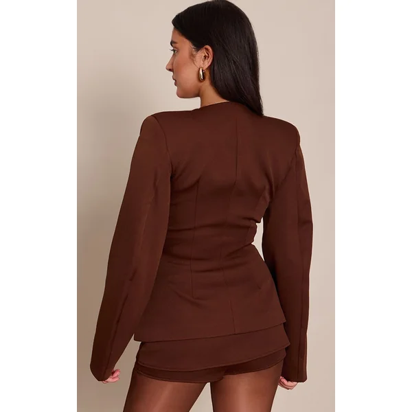 Chocolat Ensemble Blazer Cintré À Taille Froncée Et Manches Cocon Avec Boutonnage