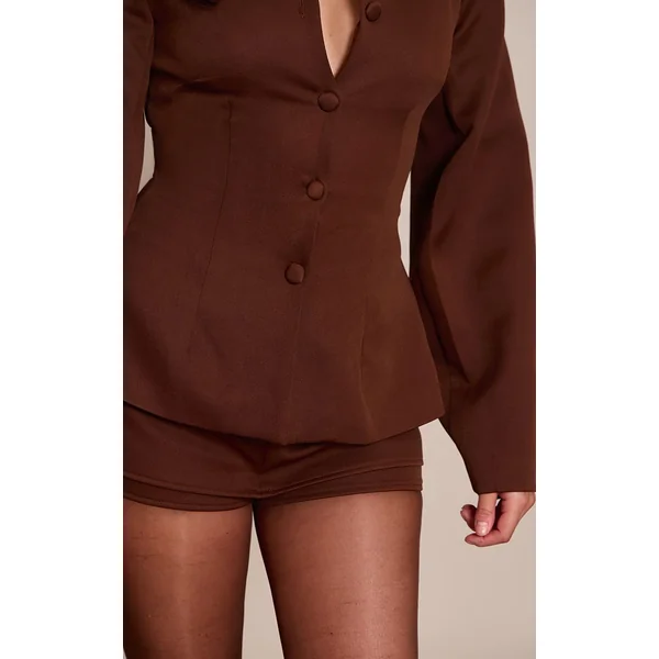 Chocolat Ensemble Blazer Cintré À Taille Froncée Et Manches Cocon Avec Boutonnage