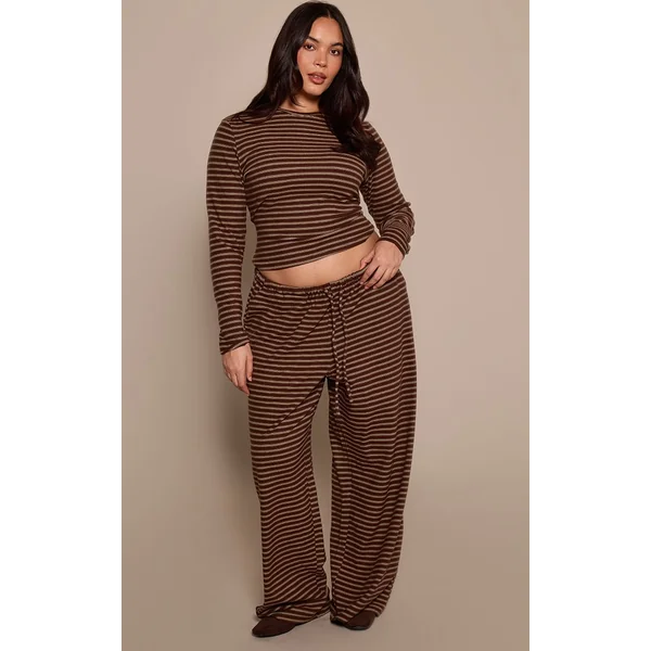 Chocolat Ensemble Coordonné Jogging Jambe Droite En Molleton Doux Rayé Grande Taille