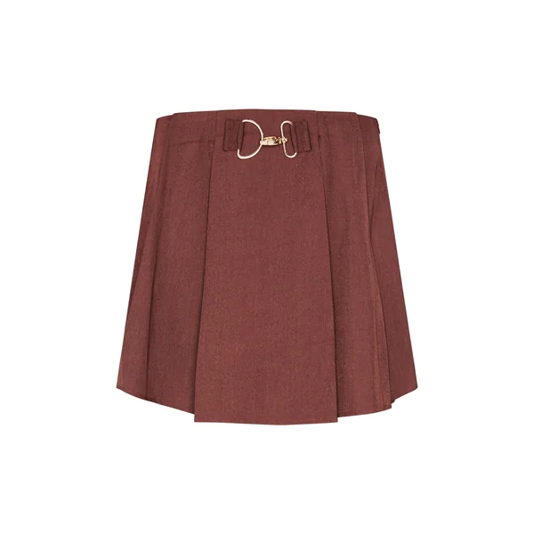 Chocolat Ensemble Coordonné Jupe Mini Plissée Ajustée En Tissu Tissé Avec Détail Boucle
