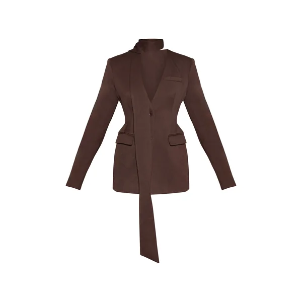 Chocolat Foncé Blazer Cintré À La Taille Avec Détail Foulard Et Hanches Moulées