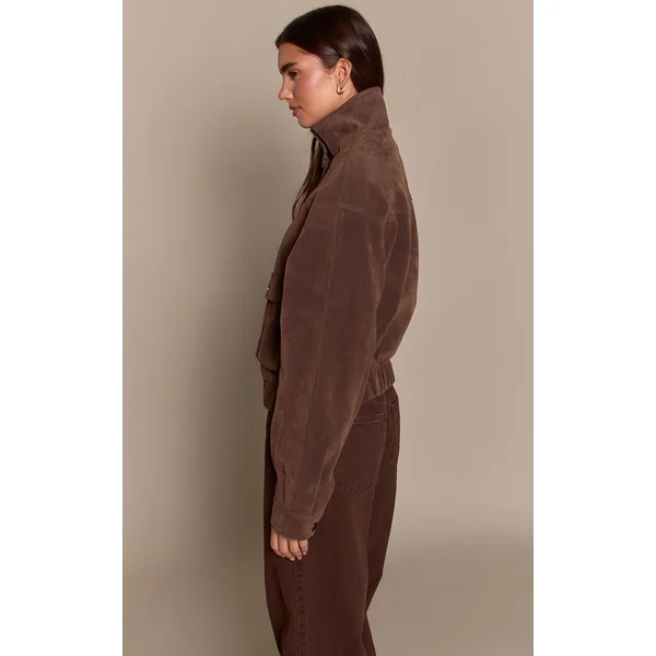 Chocolat Foncé Blouson Bomber Court En Synthétique Avec Col Montant Et Poches Utilitaires