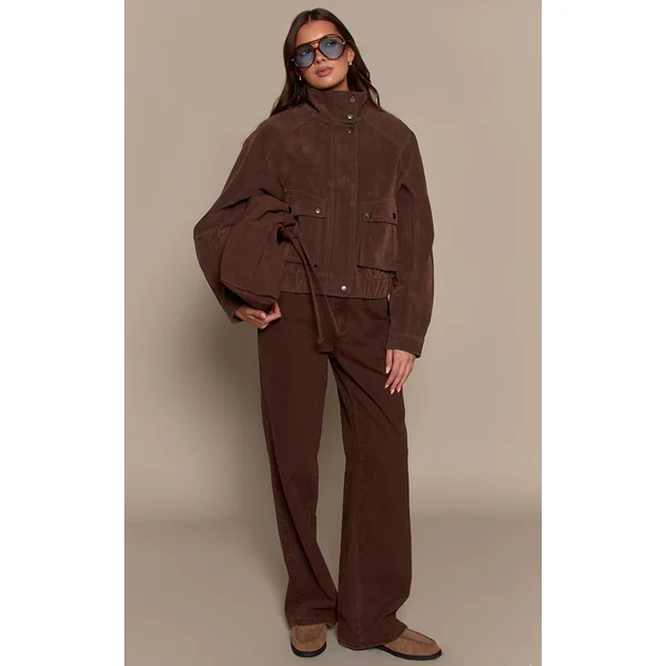 Chocolat Foncé Blouson Bomber Court En Synthétique Avec Col Montant Et Poches Utilitaires